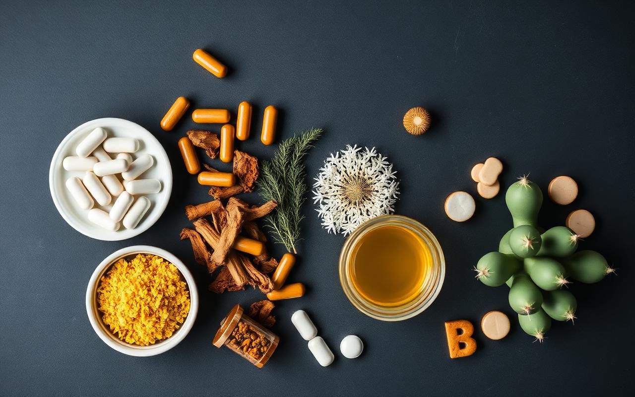 Flat lay of Nerve Zen Ultra ingredients including alpha lipoic acid, turmeric, corydalis root and B vitamins