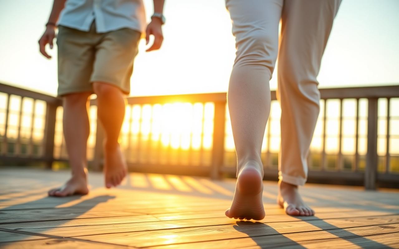 Couple walking comfortably barefoot on a deck at sunrise after using nerve support