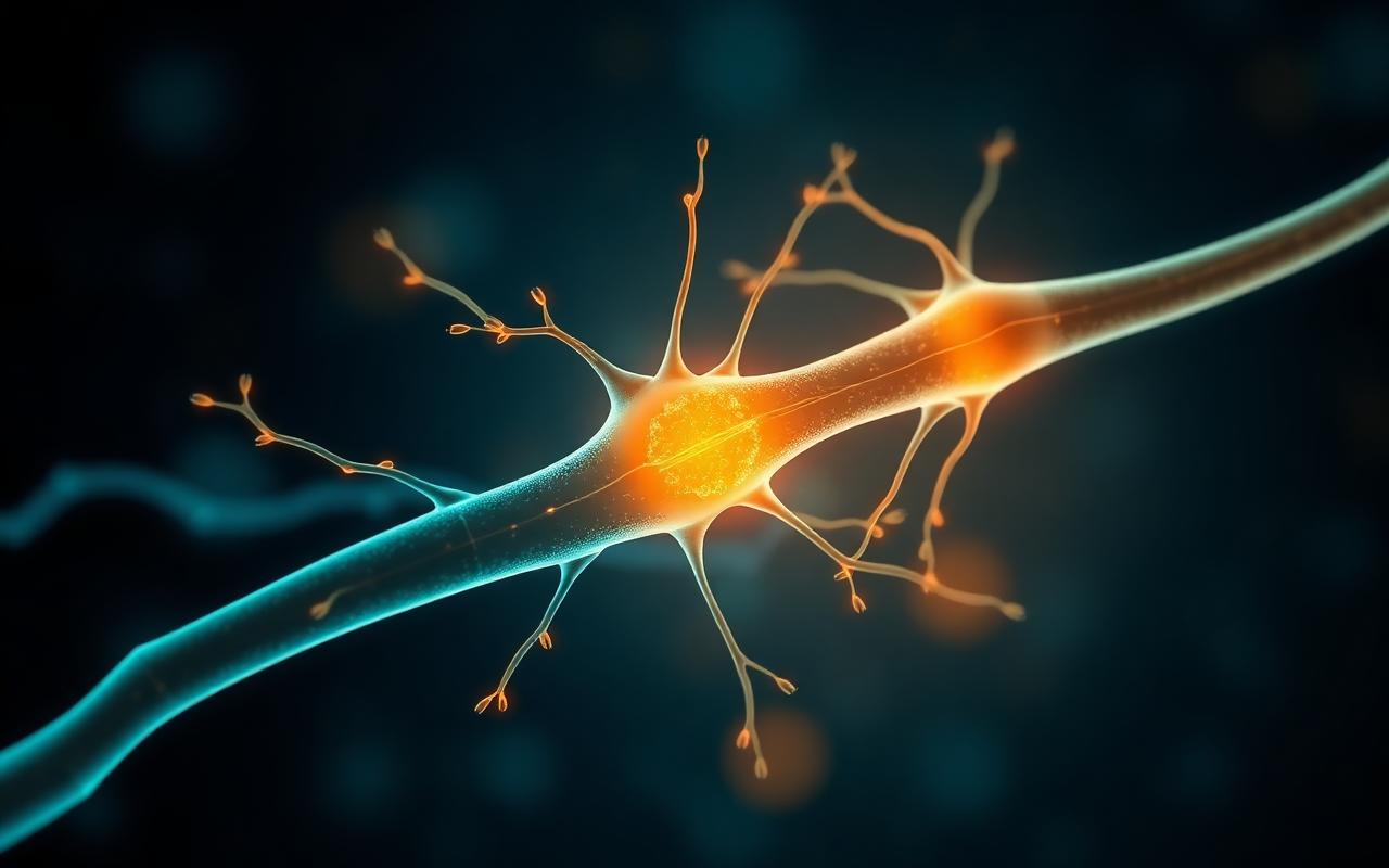 Illustration of a healthy nerve fibre with an intact glowing myelin sheath